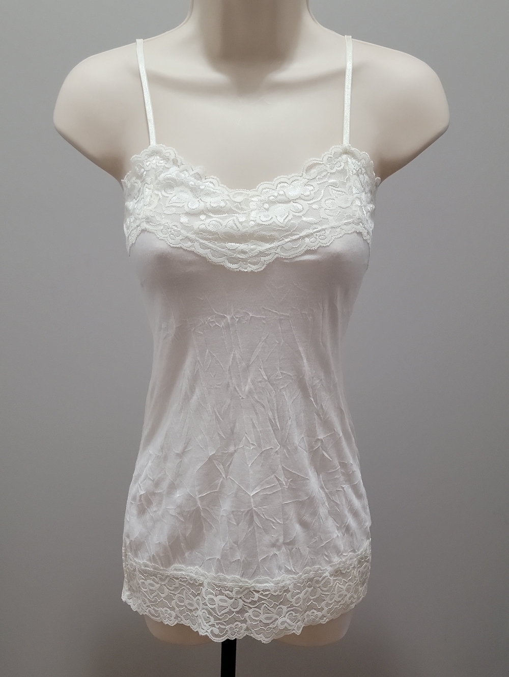 Lace-Trim White Crinkle Camisole Tank Top Sz XS
